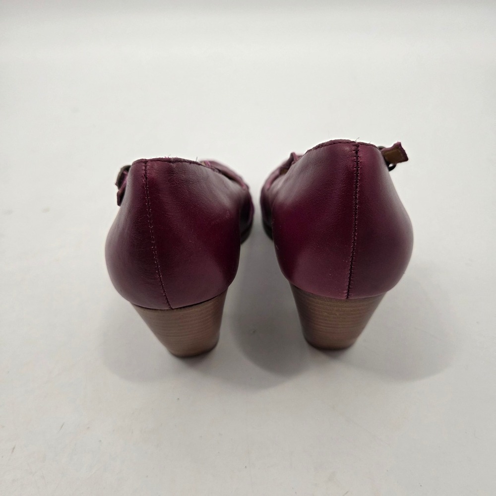 Seychelles Duchess 8.5 Plum Purple Leather Peep-Toe T-Strap Heels Stacked Heels - Picture 3 of 6
